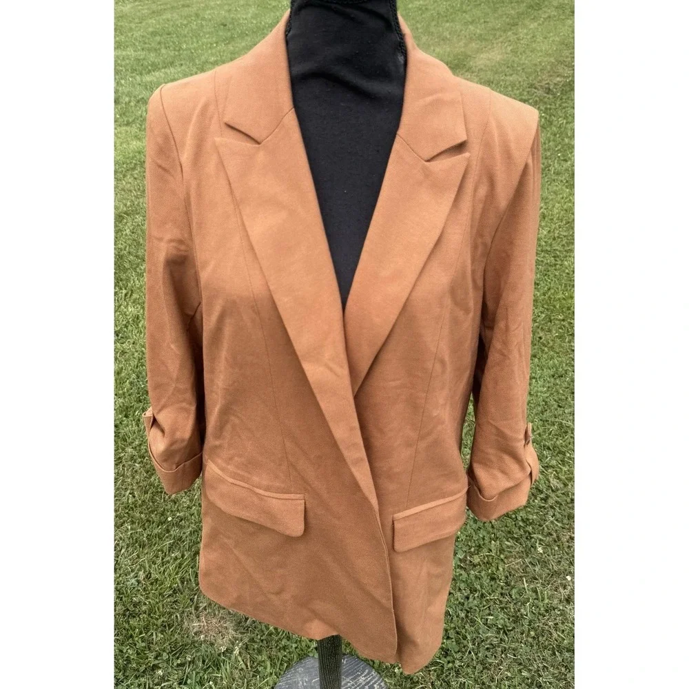 Skies Are Blue Blazer Womens L Brown Boyfriend Oversized Open Front Lined Jacket
